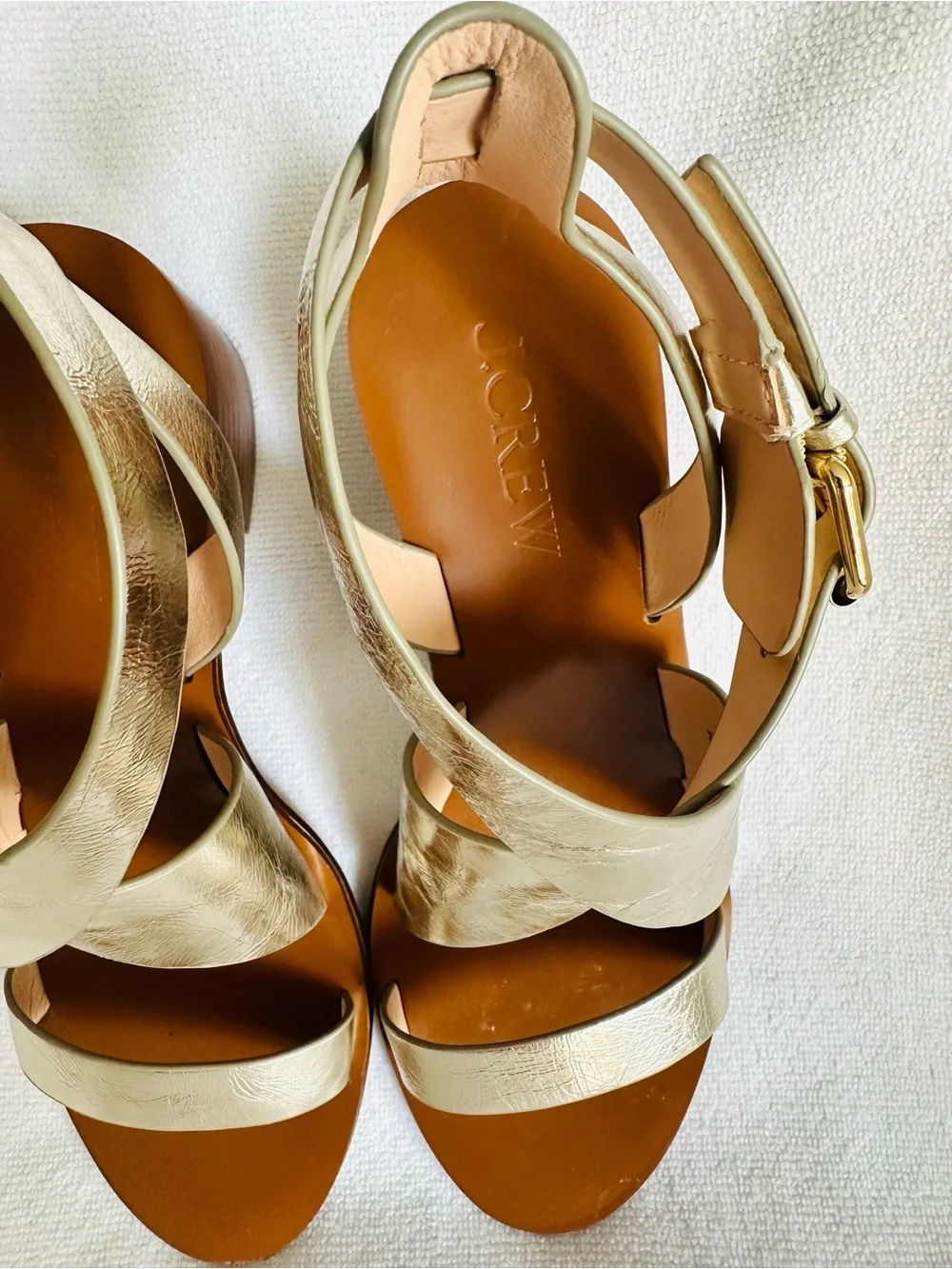 J. Crew Metallic Gold Crisscross Block Heel Sandals Strappy Leather Size 7.5